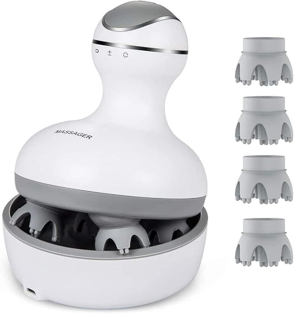 Electric Cordless Scalp Massager – 28 Kneading Nodes with 4 Replacement Heads for Hair Growth & Stress Relief
